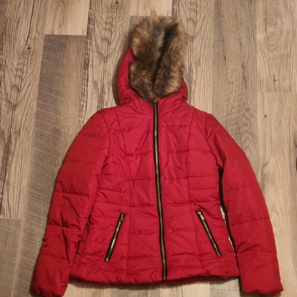 Celebrity Pink Red Jacket with Faux Fur Trim